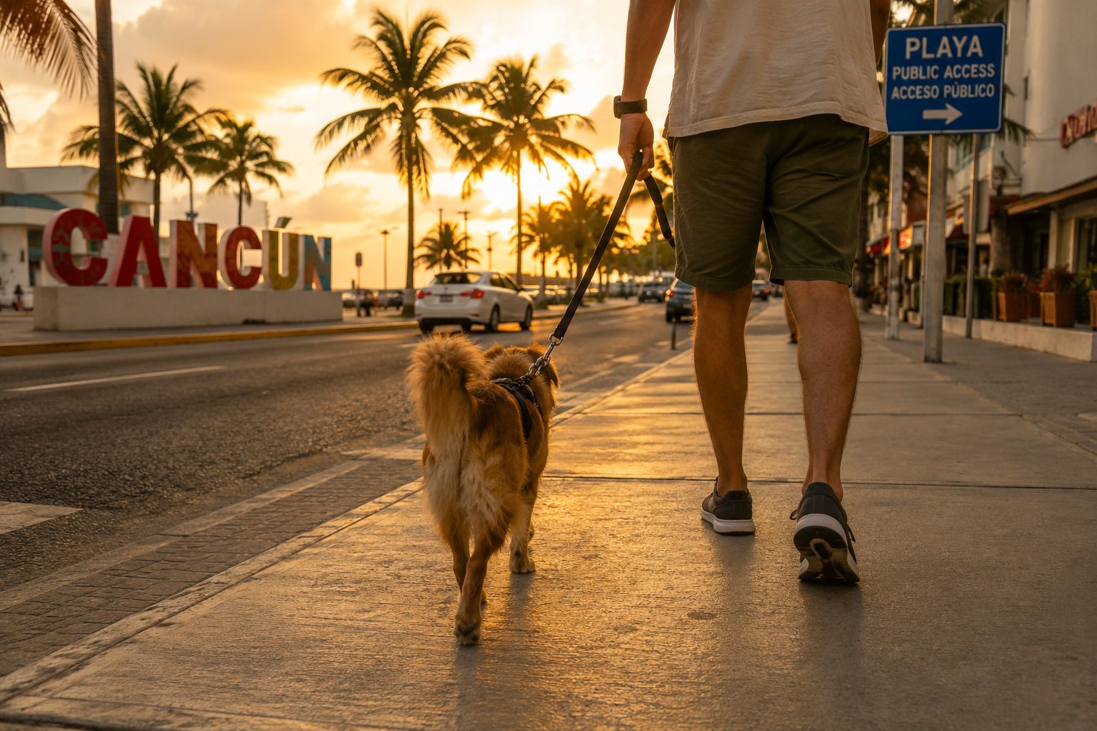 Paseo de un perro al atardecer frente al letrero de Cancún