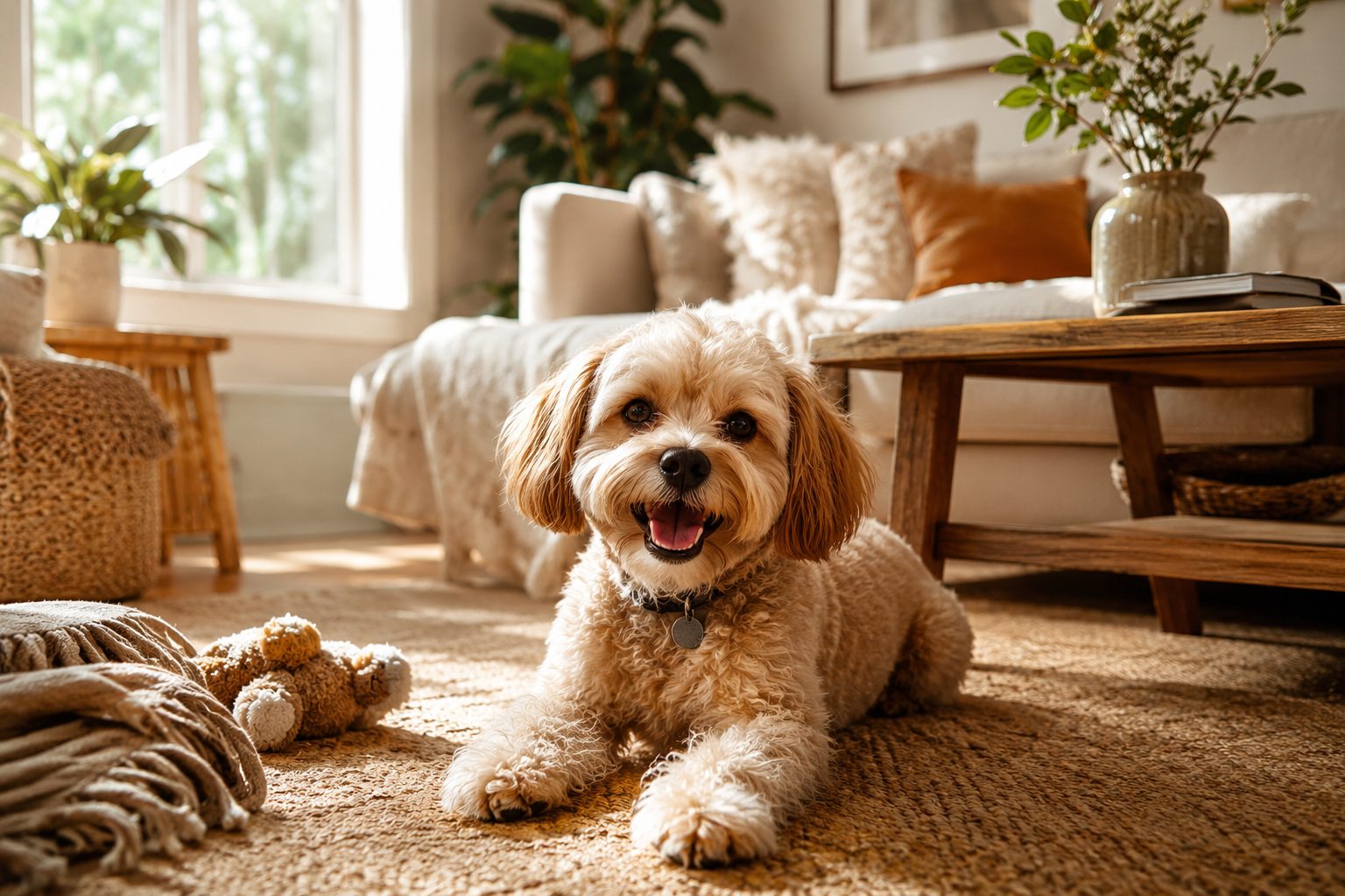 Perro feliz descansando en una sala cálida